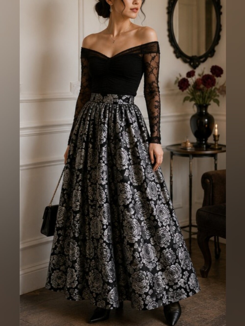 Vintage Blacktie Oleg Cassini Black & Silver Rose Brocade Full Maxi Skirt